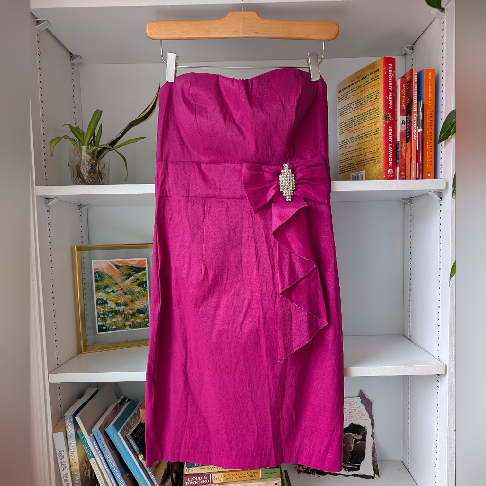 Eclipse Strapless Fuchsia Cocktail Dress Sweetheart Rhinestones Bow Size XS Y2K
